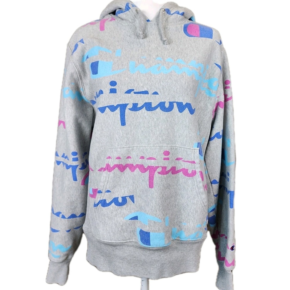 Champion Reverse Weave Hoodie Mens Medium Unisex Gray All Over Script Logo Pouch